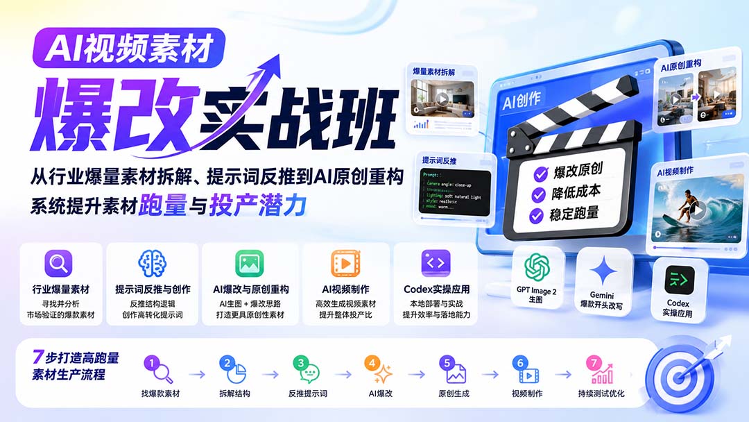 AI视频素材爆改实战班-更新8月:从行业爆量素材拆解、提示词反推到AI原创重构,系统提升素材跑量与投产潜力-虚拟资料库