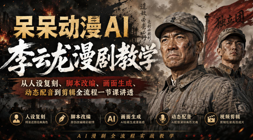呆呆动漫AI李云龙漫剧教学,从人设复刻、脚本改编、画面生成、动态配音到剪辑全流程一节课讲透-虚拟资料库