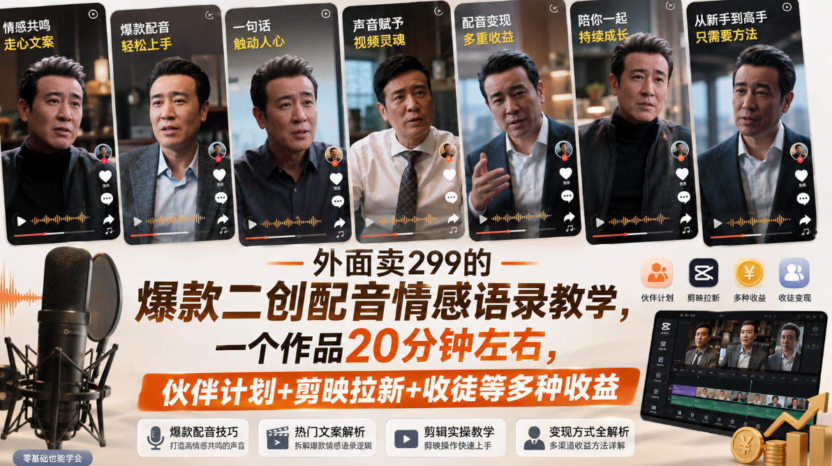 外面卖299的爆款二创配音情感语录教学,一个作品20分钟左右,伙伴计划+剪映拉新+收徒等多种收益-虚拟资料库