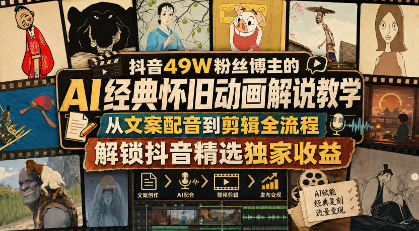 抖音49W粉丝博主的AI经典怀旧动画解说教学,从文案配音到剪辑全流程,解锁抖音精选独家收益-虚拟资料库