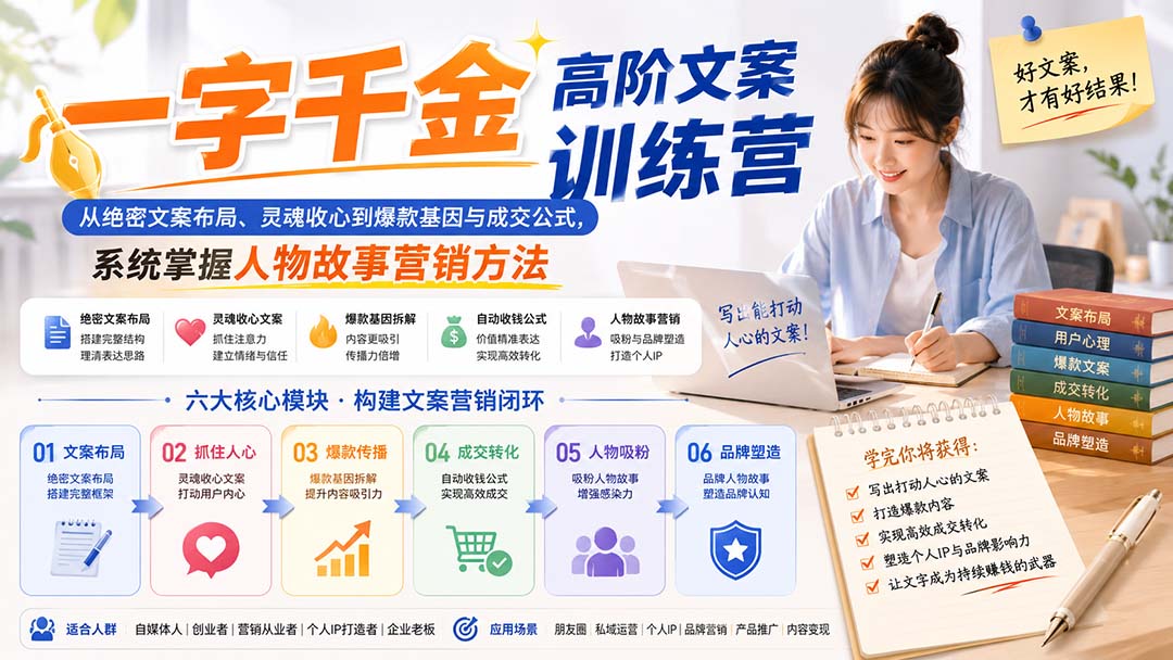 一字千金高阶文案训练营:从绝密文案布局、灵魂收心到爆款基因与成交公式,系统掌握人物故事营销方法-虚拟资料库