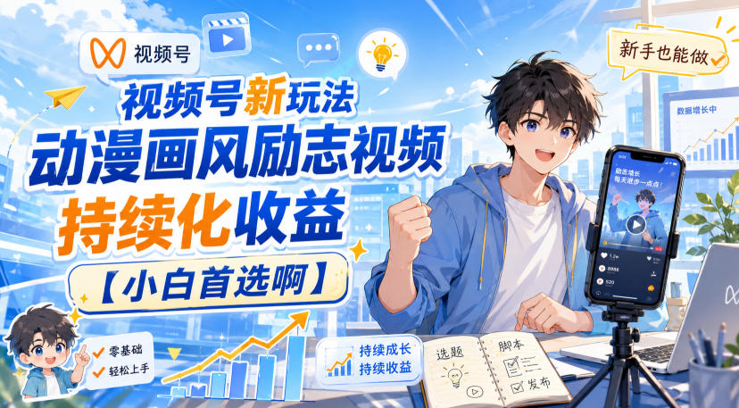 视频号新玩法动漫画风励志视频,持续化收益【小白首选啊】-虚拟资料库