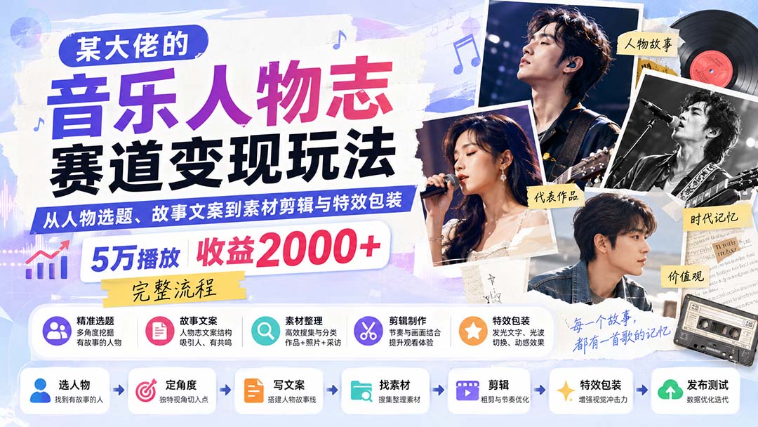 某大佬的音乐人物志赛道变现玩法:从人物选题、故事文案到素材剪辑与特效包装,5万播放收益2000+完整流程-虚拟资料库