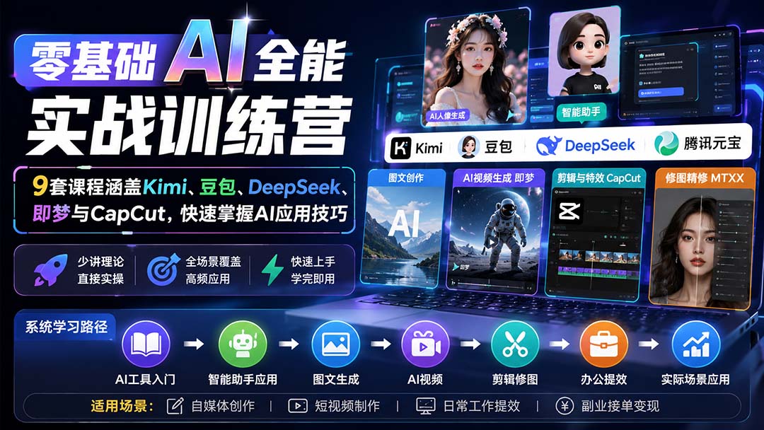 零基础AI全能实战训练营：9套课程涵盖Kimi、豆包、DeepSeek、即梦与CapCut，快速掌握AI应用技巧-虚拟资料库