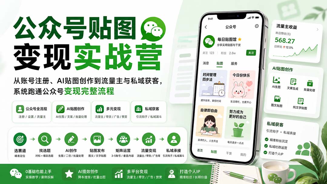 公众号贴图变现实战营:从账号注册、AI贴图创作到流量主与私域获客,系统跑通公众号变现完整流程-虚拟资料库