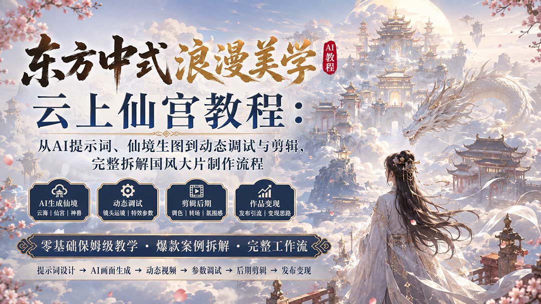 东方中式浪漫美学云上仙宫教程：从AI提示词、仙境生图到动态调试与剪辑，完整拆解国风大片制作流程-虚拟资料库