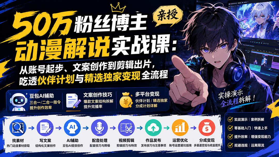 50万粉丝博主亲授动漫解说实战课:从账号起步、文案创作到剪辑出片,吃透伙伴计划与精选独家变现全流程-虚拟资料库