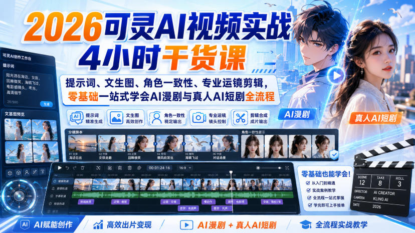 2026可灵AI视频实战4小时干货课|提示词、文生图、角色一致性、专业运镜剪辑,零基础一站式学会AI漫剧与真人AI短剧全流程-虚拟资料库