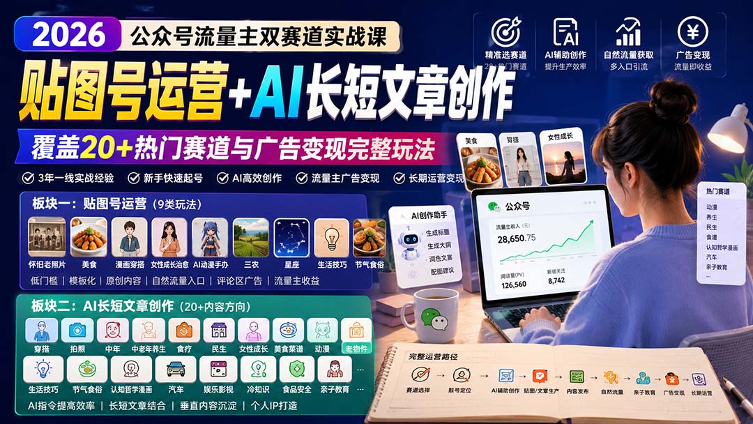 公众号流量主双赛道实战课:贴图号运营+AI长短文章创作,覆盖20+热门赛道与广告变现完整玩法-虚拟资料库