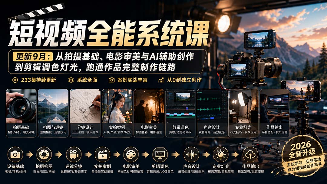 短视频全能系统课-更新8月233集：从拍摄基础、电影审美与AI辅助创作到剪辑调色灯光，跑通作品完整制作链路-虚拟资料库