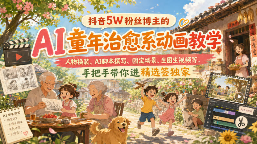 抖音5W粉丝博主的AI童年治愈系动画教学，人物换装、AI脚本撰写、固定场景、生图生视频等，手把手带你进精选签独家-虚拟资料库