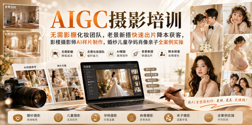 AIGC摄影培训|无需影棚化妆团队,老景新搭快速出片降本获客,影楼摄影师AI样片制作,婚纱儿童孕妈肖像亲子全案例实操-虚拟资料库