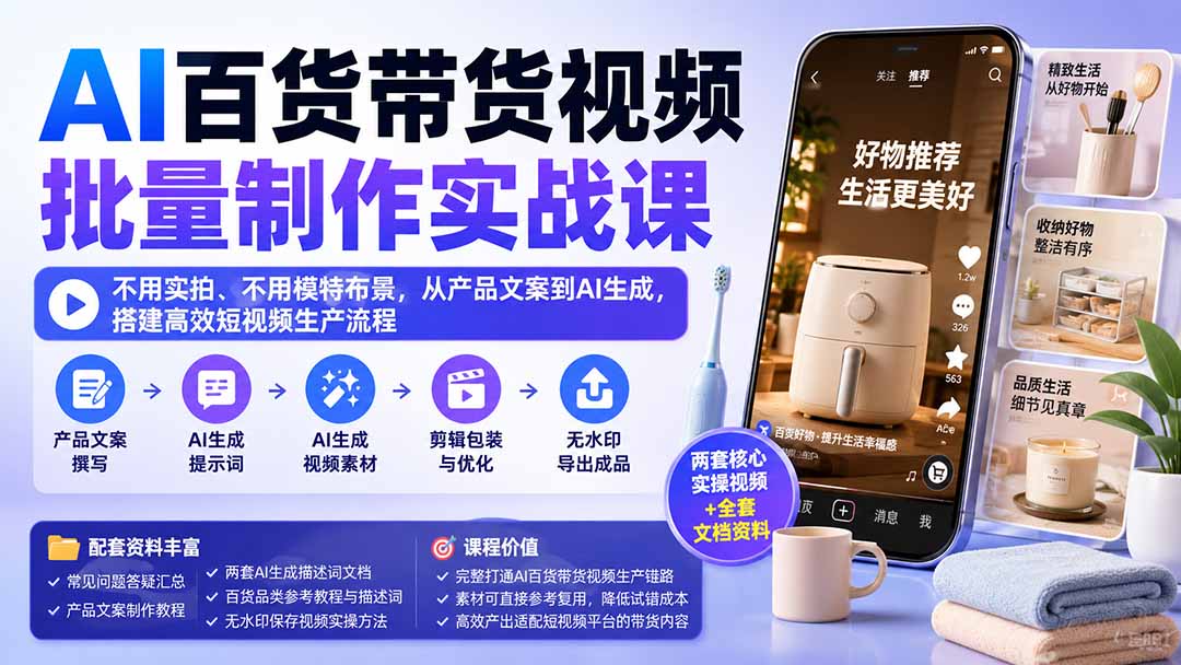 AI百货带货视频批量制作实战课：不用实拍、不用模特布景，从产品文案到AI生成，搭建高效短视频生产流程-虚拟资料库