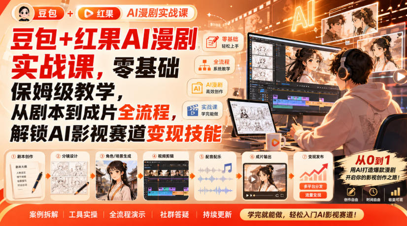 豆包+红果AI漫剧实战课,零基础保姆级教学,从剧本到成片全流程,解锁AI影视赛道变现技能-虚拟资料库