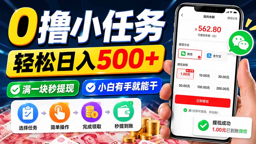 0撸小任务,轻松日入500+,满一块秒提现,小白有手就能干-虚拟资料库