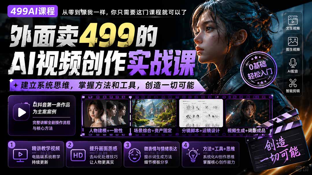外面卖499的AI视频创作实战课:建立系统思维,掌握方法和工具,创造一切可能。-虚拟资料库