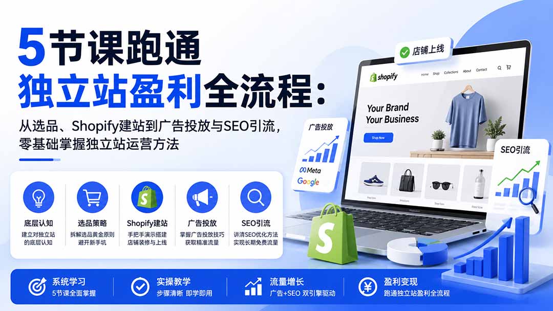 5节课跑通独立站盈利全流程：从选品、Shopify建站到广告投放与SEO引流，零基础掌握独立站运营方法-虚拟资料库