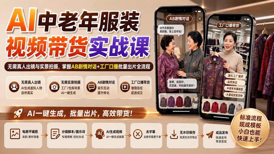 AI中老年服装视频带货实战课:无需真人出镜与实景拍摄,掌握AB剧情对话+工厂口播批量出片全流程-虚拟资料库
