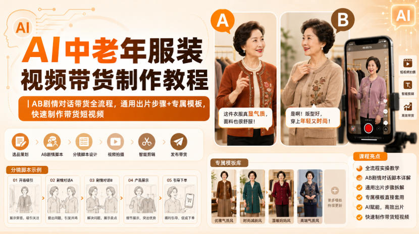 AI中老年服装视频带货制作教程|AB剧情对话带货全流程,通用出片步骤+专属模板,快速制作带货短视频-虚拟资料库
