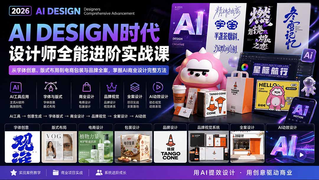 2026AI DESIGN时代设计师全能进阶实战课:从字体创意、版式布局到电商包装与品牌全案,掌握AI商业设计完整方法-虚拟资料库