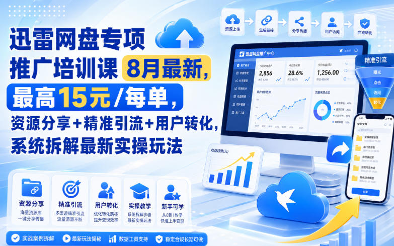 迅雷网盘专项推广培训课8月最新,最高15米/每单,资源分享+精准引流+用户转化,系统拆解最新实操玩法(更新0903)-虚拟资料库