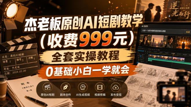 杰老板原创AI短剧教学(收费999元)，全套实操教程，0基础小白一学就会，非搬运技术-虚拟资料库