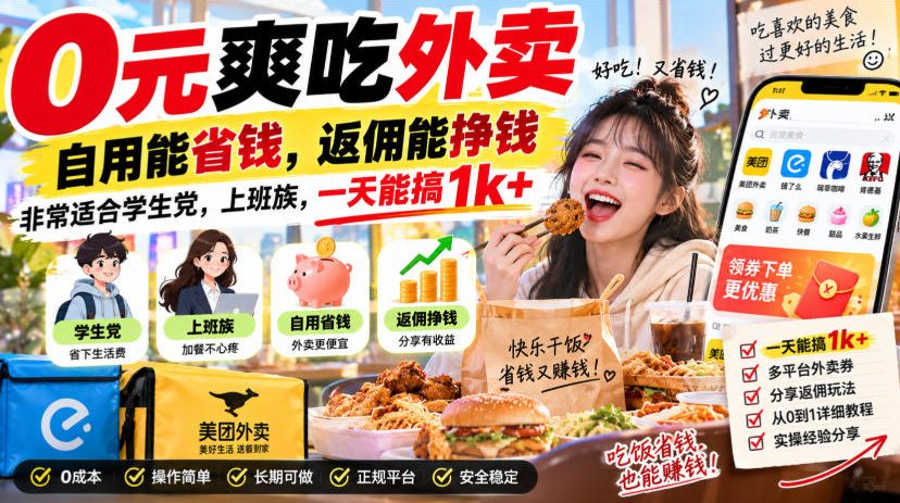 0元爽吃外卖,自用能省钱,返佣能挣钱,非常适合学生党,上班族,一天能搞1k+-虚拟资料库