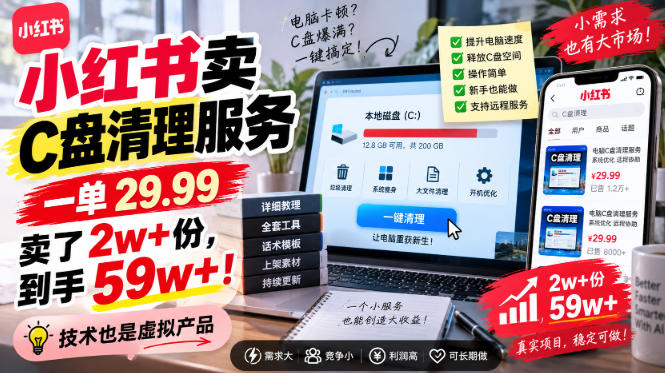 小红书卖C盘清理服务,一单29.99,卖了2w+份,技术也是虚拟产品-虚拟资料库