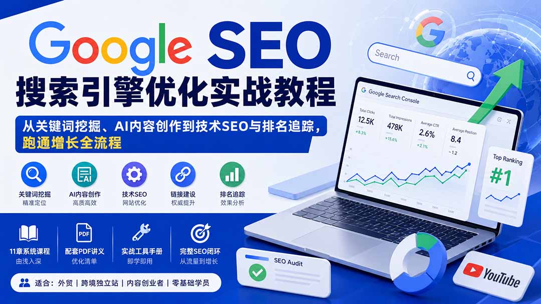 Google SEO搜索引擎优化实战教程：从关键词挖掘、AI内容创作到技术SEO与排名追踪，跑通增长全流程-虚拟资料库