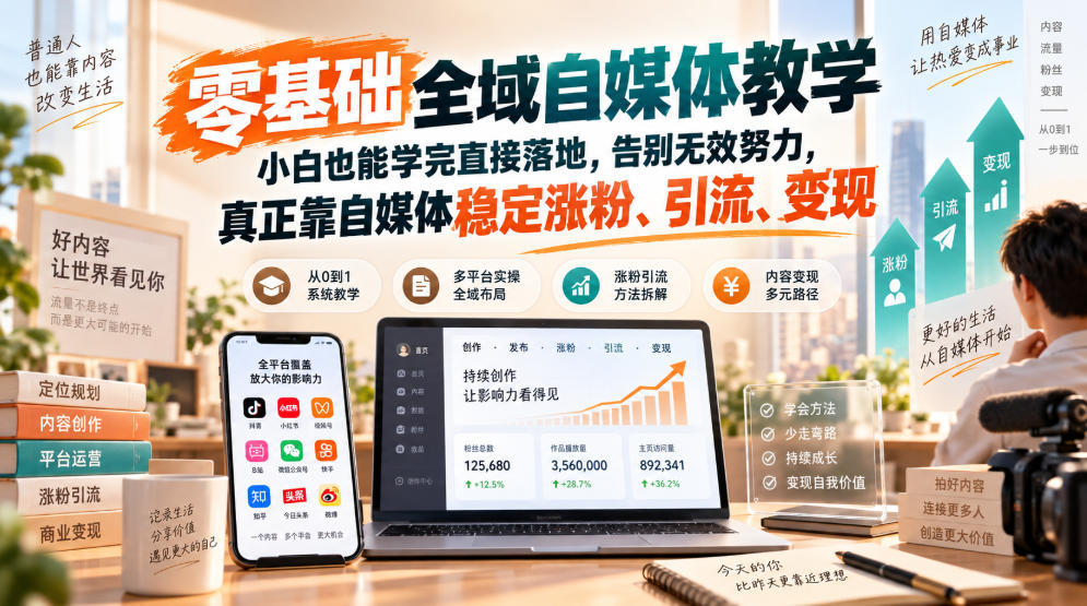 零基础全域自媒体教学,小白也能学完直接落地,告别无效努力,真正靠自媒体稳定涨粉、引流、变现-虚拟资料库