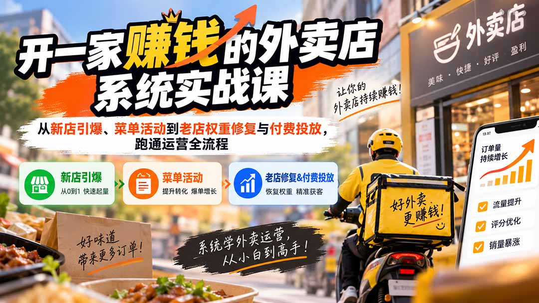 开一家赚钱的外卖店系统实战课:从新店引爆、菜单活动到老店权重修复与付费投放,跑通运营全流程-虚拟资料库
