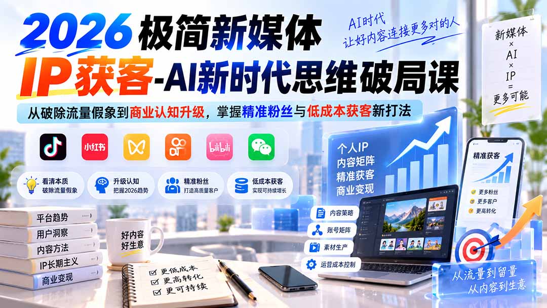 2026极简新媒体IP获客-AI新时代思维破局课:从破除流量假象到商业认知升级,掌握精准粉丝与低成本获客新打法-虚拟资料库