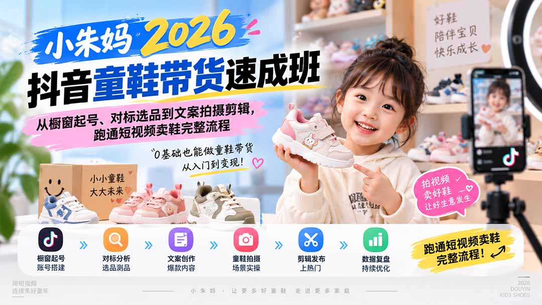 小朱妈2026抖音童鞋带货速成班：从橱窗起号、对标选品到文案拍摄剪辑，跑通短视频卖鞋完整流程-虚拟资料库