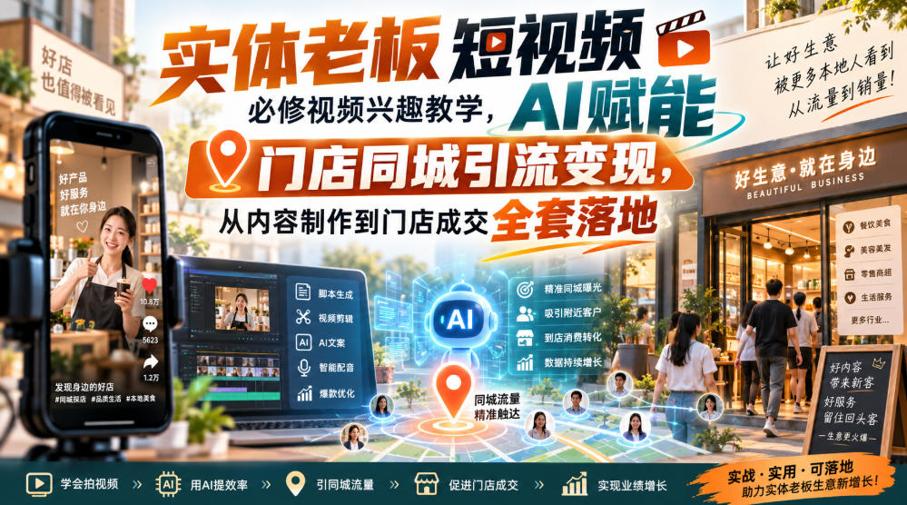 实体老板短视频必修视频兴趣教学,AI赋能门店同城引流变现,AI+短视频+直播打爆实体客流量-虚拟资料库