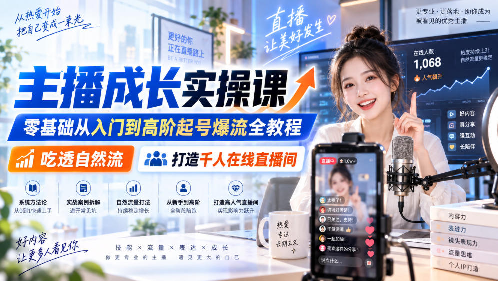 主播成长实操课｜零基础从入门到高阶起号爆流全教程，吃透自然流，打造千人在线直播间-虚拟资料库