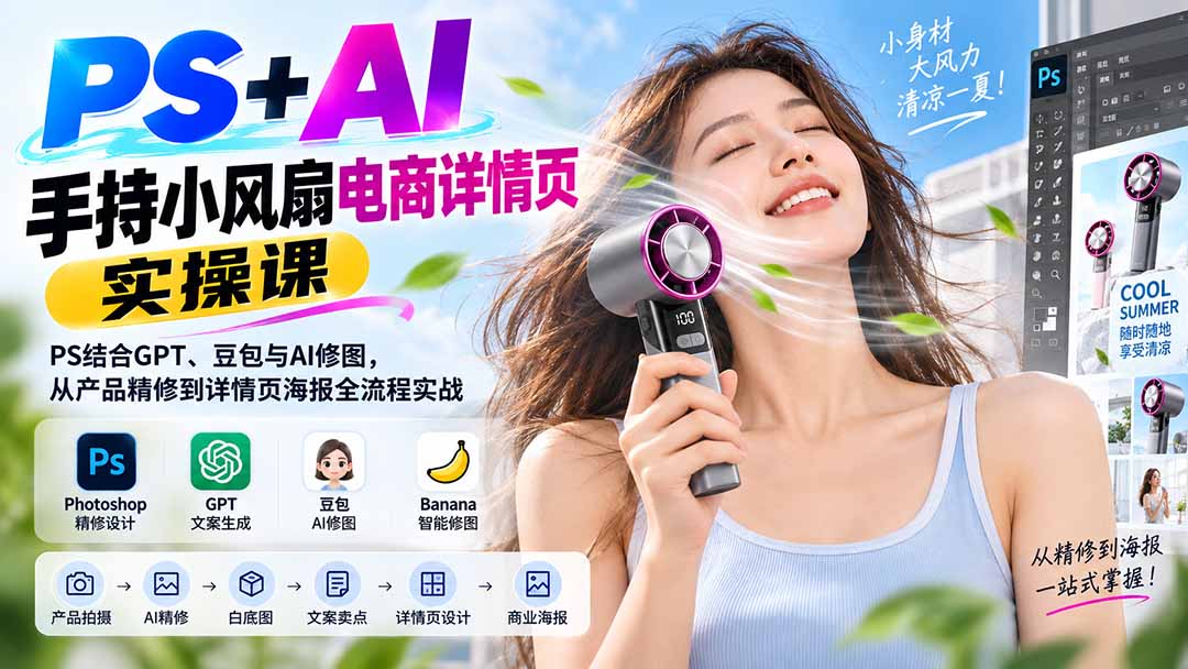 PS+AI手持小风扇电商详情页实操课:PS结合GPT、豆包与AI修图,从产品精修到详情页海报全流程实战-虚拟资料库