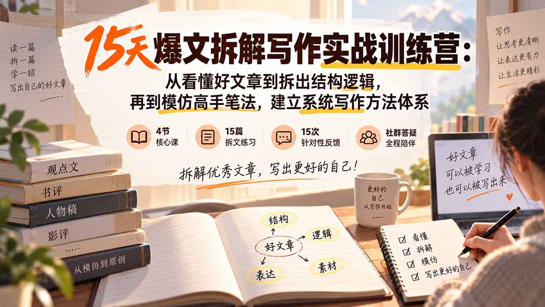 15天爆文拆解写作实战训练营:从看懂好文章到拆出结构逻辑,再到模仿高手笔法,建立系统写作方法体系-虚拟资料库