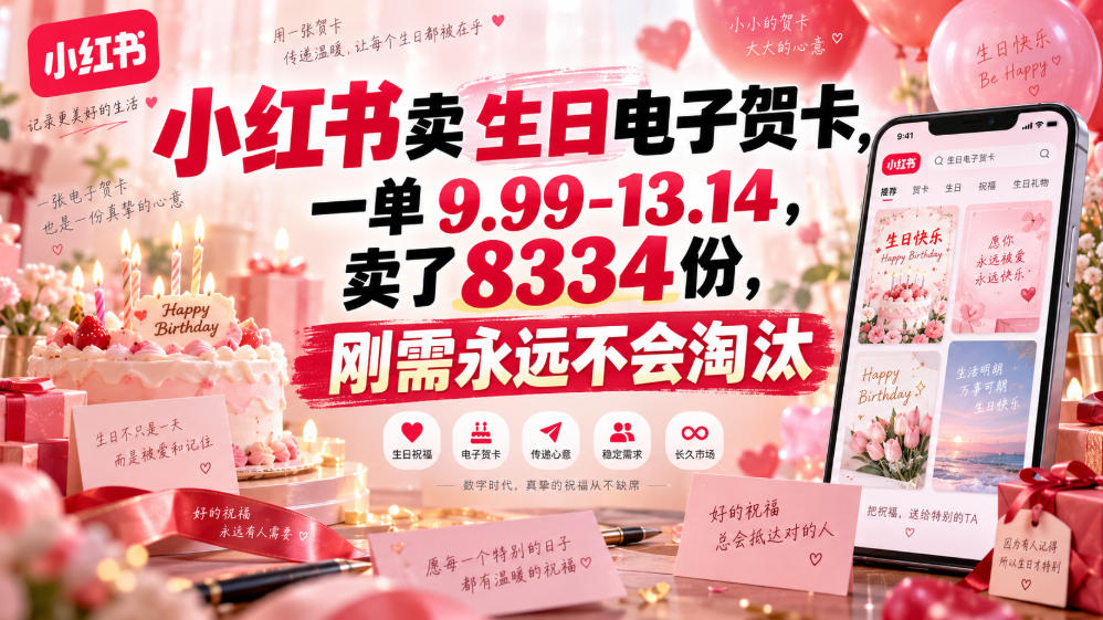 小红书卖生日电子贺卡,一单9.99-13.14,卖了8334份,刚需永远不会淘汰-虚拟资料库