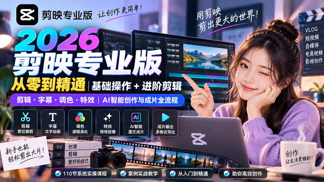2026剪映专业版从零到精通|基础操作+进阶剪辑|剪辑·字幕·调色·特效|AI智能创作与成片全流程-虚拟资料库