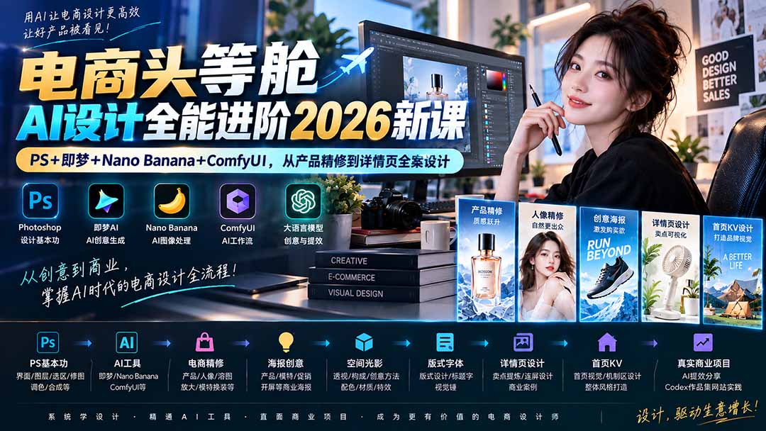 电商头等舱AI设计全能进阶2026新课:PS+即梦+Nano Banana+ComfyUI,从产品精修到详情页全案设计-虚拟资料库