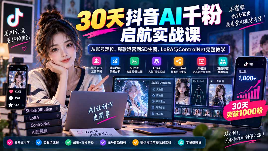 30天抖音AI千粉启航实战课:从账号定位、爆款运营到SD生图、LoRA与ControlNet完整教学-虚拟资料库