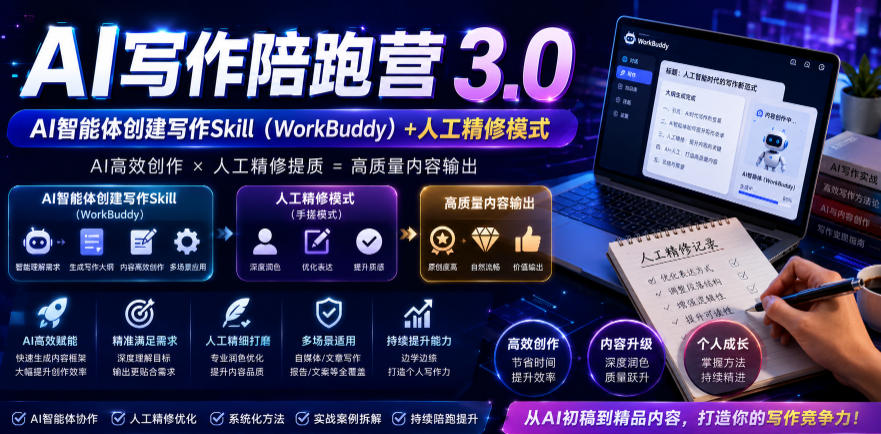 AI写作陪跑营3.0,Ai智能体创建写作skill(workbuddy)+人工手写模式(手搓模式),去除AI痕迹(头条号、公众号、百家号)(更新0907)-虚拟资料库