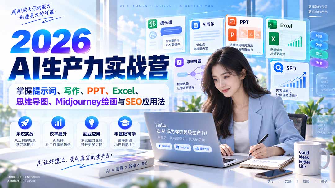 2026AI生产力实战营：掌握提示词、写作、PPT、Excel、思维导图、Midjourney绘画与SEO应用法-虚拟资料库