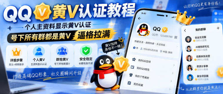 QQ黄V认证教程,个人主资料显示黄V认证,号下所有群都是黄V,逼格拉满-虚拟资料库