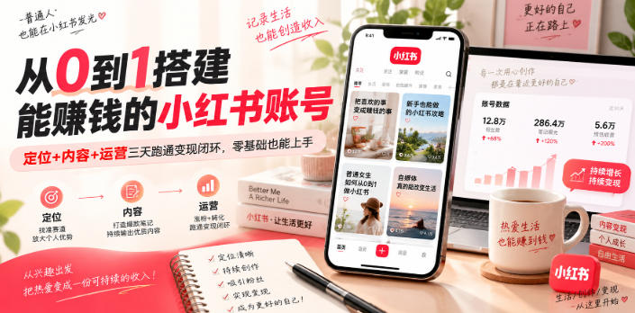 从0到1搭建能賺钱的小红书账号,定位+内容+运营三天跑通变现闭环-虚拟资料库
