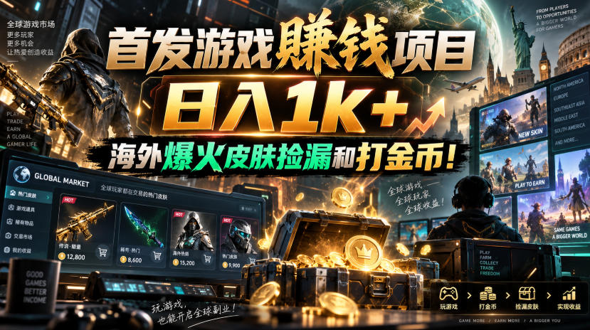 首发游戏賺钱项目，日入1k+，海外爆火皮肤捡漏和打金币！【揭秘】-虚拟资料库