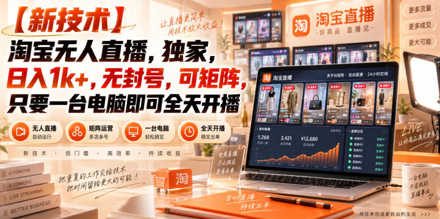 【独家新技术】淘宝无人直播,日入1k+,无封号,可矩阵,只要一台电脑即可全天开播【揭秘】-虚拟资料库