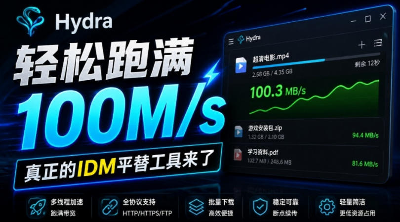 轻松跑满100M/s,真正的IDM平替工具来了,开源多线程器,支持浏览器拓展,一键智能加速Hydra Download Manager-虚拟资料库