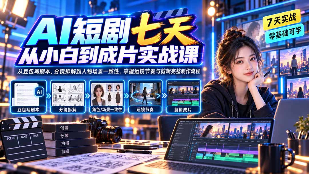 AI短剧七天从小白到成片实战课：从豆包写剧本、分镜拆解到人物场景一致性，掌握运镜节奏与剪辑完整制作流程-虚拟资料库