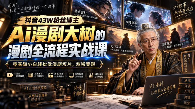 抖音43W粉丝博主Ai漫剧大树的漫剧制作全流程实战课,零基础小白轻松做漫剧短片,涨粉变现-虚拟资料库